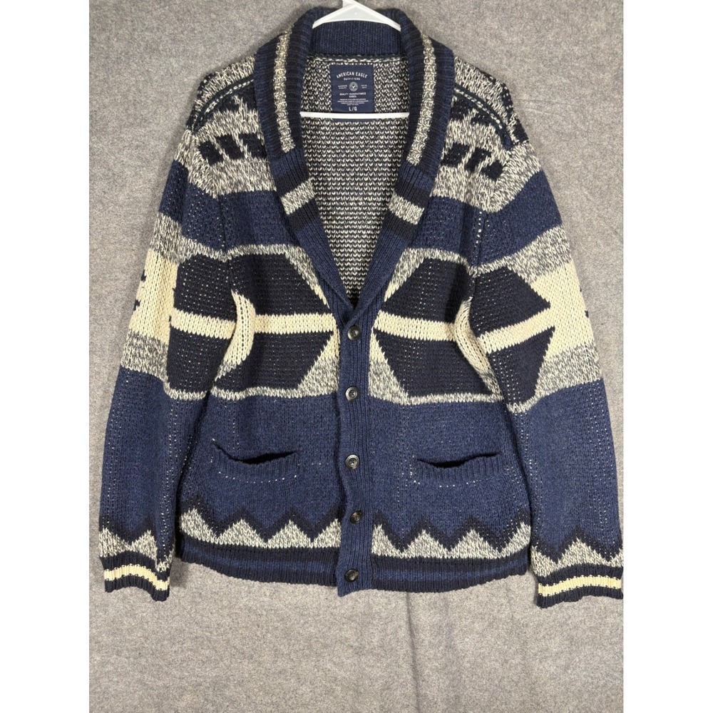 American Eagle Mens Large Blue Geometric Wool Blend Shawl Cardigan Sweater 9806